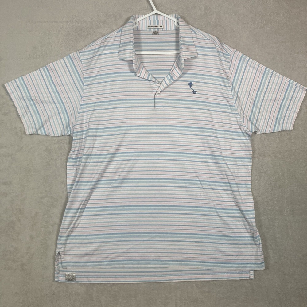 Peter Millar‎ Polo Shirt Mens XL Blue Pink Striped Palm Tree 1911 Cotton Golf